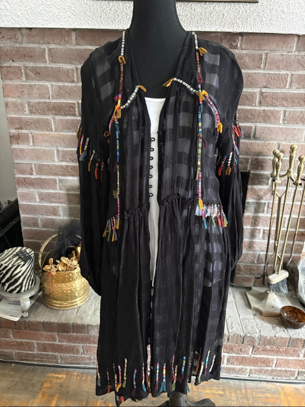 Zara Black Long Open-Front Boho Fringe Kimono